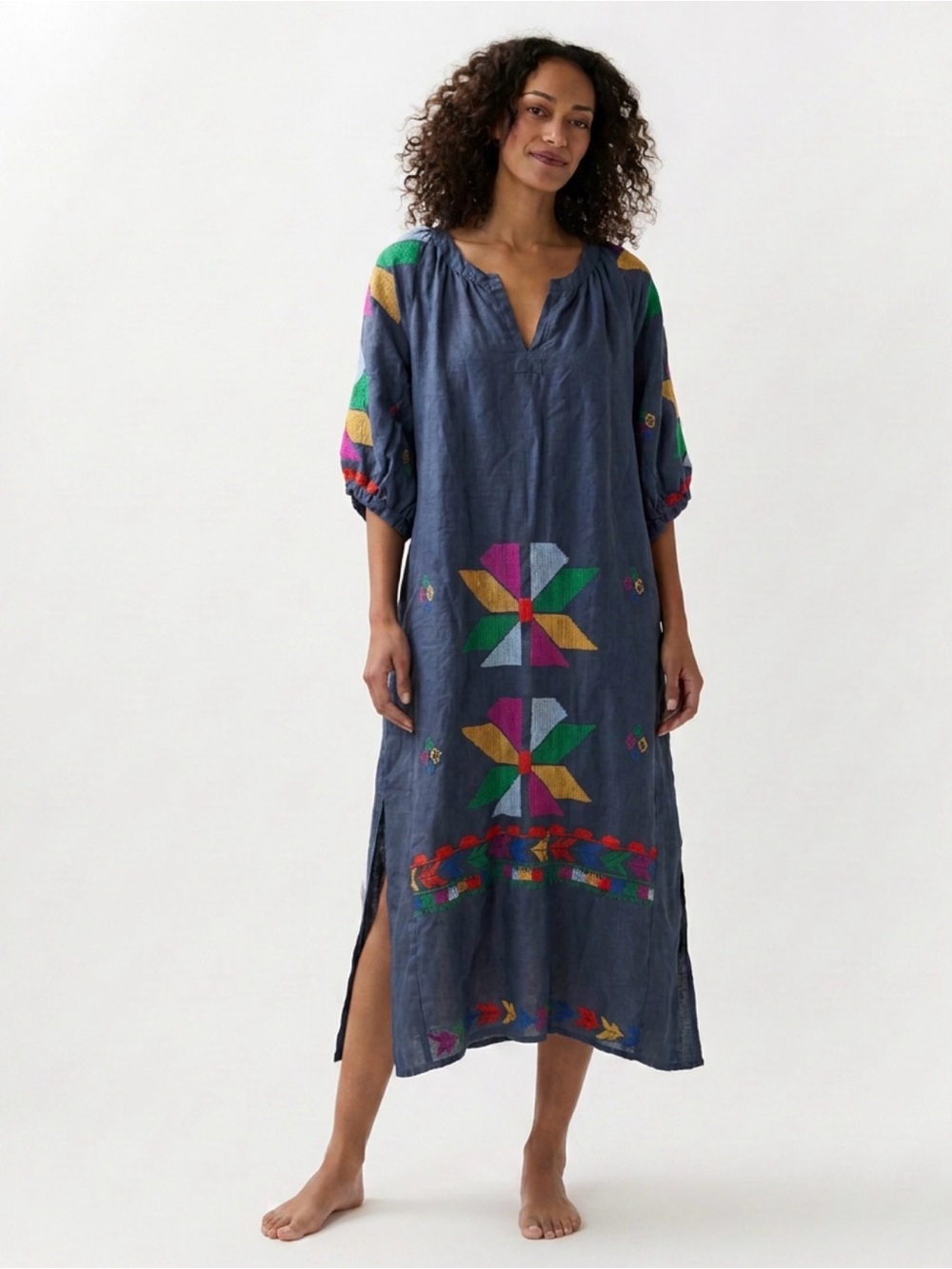 Greek Archaic Kori Dress Womens Size M Kaftan Linen Embroidered Pinwheels Boho